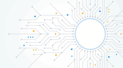 Obraz premium A futuristic circuit board design with a central circle and colorful dots is displayed.