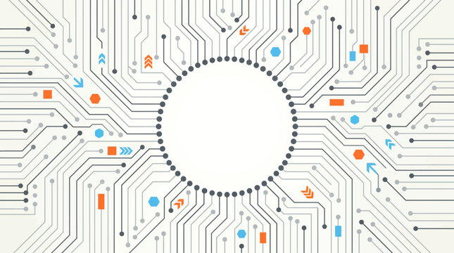 A futuristic circuit board design with various colored components and wires Technology