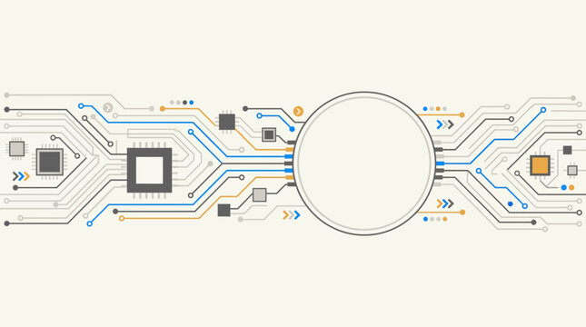 Electronic circuit board with microchips and wires illustration