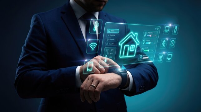 Smart home automation interface on smartwatch, businessman controlling futuristic house security system, digital IoT dashboard with glowing icons