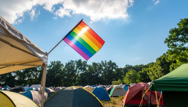 Music Festival Tent: A colorful campsite at an outdoor music festival. A large pride flag is tied to the canopy of a pop-up tent, waving against a blue sky.
