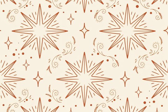 Seamless pattern featuring large eight pointed stars, small twinkling stars, and decorative swirling flourishes in dark red on a beige background