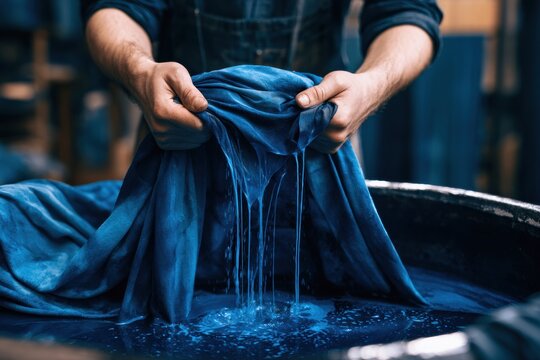 Craftsman Hands Pulling Wet Indigo Dyed Blue Fabric from Dyeing Vat in Textile Workshop