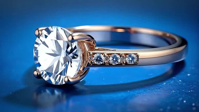 Elegant diamond engagement ring in rose gold on a blue background