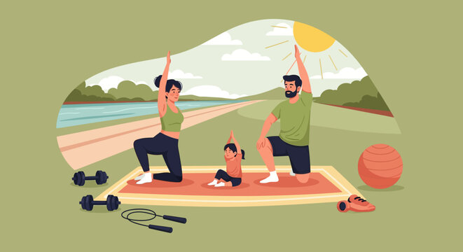 Family exercising together outdoors on a sunny day.