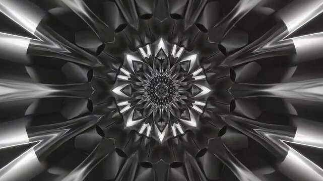 Abstract black and white metallic kaleidoscope floral pattern