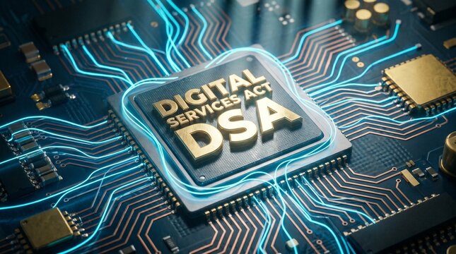 Digital Services Act DSA text on a glowing computer microchip and circuit board