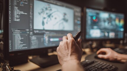Fototapeta premium Animator adjusting keyframe transitions in 3D software with fingers on a stylus focused workspace with blurred monitors and tools around.