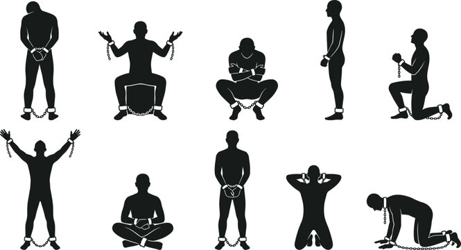 Prisoner silhouettes in chains, shackled men in handcuffs, male convicts, captives in diverse poses, arrested criminals, human slavery, bondage