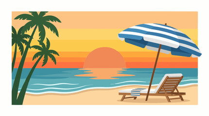 Obraz premium Summer travel and vacation planning concept featuring a flat vector illustration of a tropical beach sunset with palm trees, a lounge chair, and a striped parasol by the calm ocean waves.