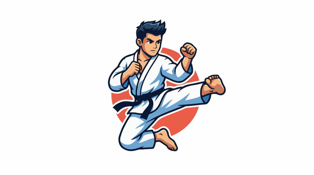 A martial artist in a white uniform and black belt kicks with one leg