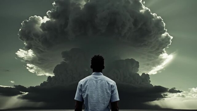 Man facing large storm cloud