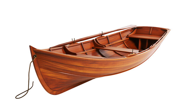 Wooden rowboat with oars and rope, isolated on transparent background