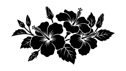 Obraz premium Black silhouette of tropical hibiscus flowers with green leaves and buds arranged in a decorative botanical branch design