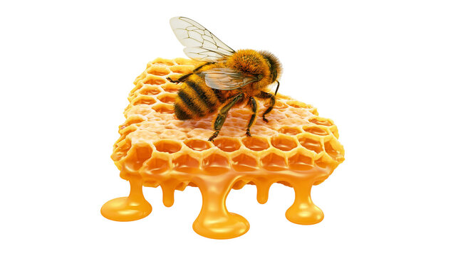 Furry bee resting on dripping honeycomb, isolated on transparent background