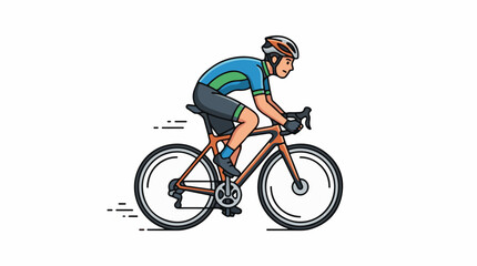Fototapeta premium A cyclist wearing a blue, green, and grey outfit rides an orange bike