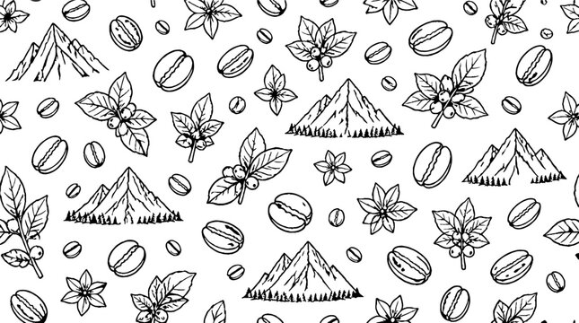 Coffee beans and leaves with mountain silhouettes pattern.