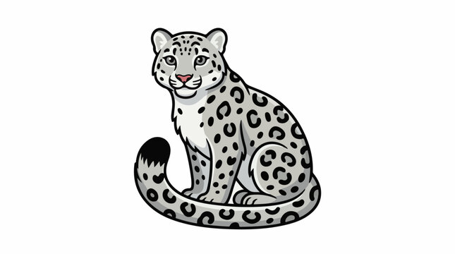 A cartoon snow leopard with light gray fur and black spots sits