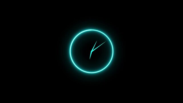 Neon glowing clock face animation, abstract time passing concept, digital countdown timer loop