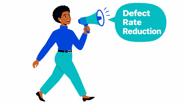 Person holding megaphone promoting defect rate reduction.