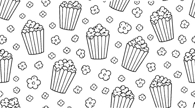 Black and white popcorn and flowers pattern design.