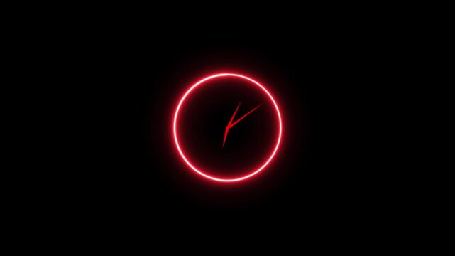 Glowing red neon clock face animation, minimalist countdown timer motion