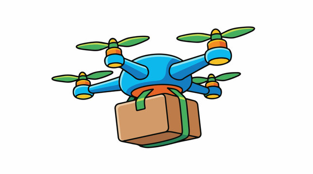 A blue drone holds a brown package with green straps