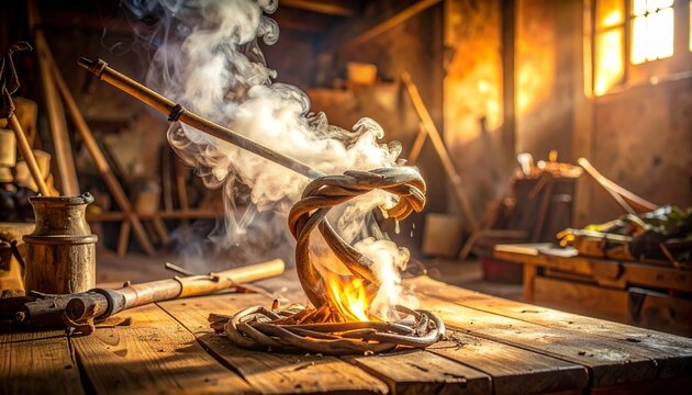 Ancient Egyptian pharaoh statue in golden chamber with fire.
