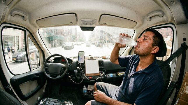 Delivery Driver Taking A Refreshing Drink Break While Sitting Inside His Cargo Van During A Busy Work Day