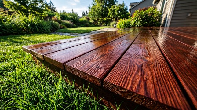 Beautifully stained and varnished wooden deck with lush green grass in the background on a sunny day