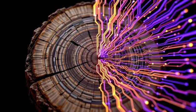 The image features a cross section of a wooden log with visible growth rings and a cracked surface, set against a black background