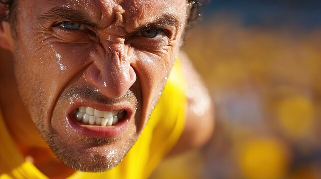 Marathon runner pushing forward with a strained grimace, sweat and exhaustion visible, cheering crowd in the background, endurance and injury-themed sports photography