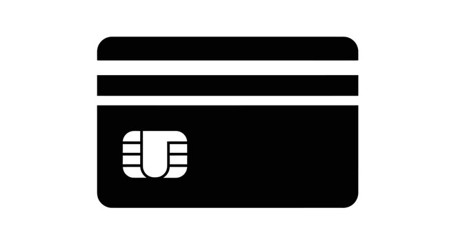 Generic black and white credit card icon with EMV chip. Digital payment symbol for finance, banking, and secure transactions.