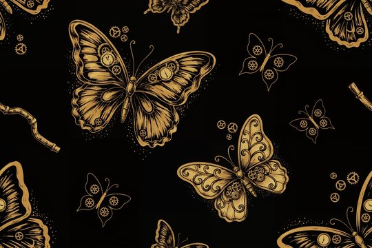 Seamless pattern featuring golden steampunk butterflies with intricate mechanical gears and clockwork wings on a solid black background texture