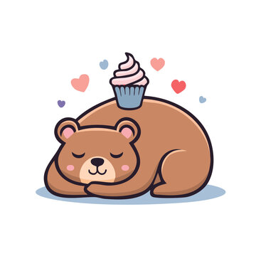 Cute cartoon sleeping bear with cupcake and hearts