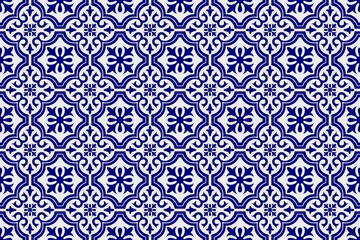 Fototapeta premium Seamless Blue and White Ornamental Ceramic Tile Pattern Motif for Background