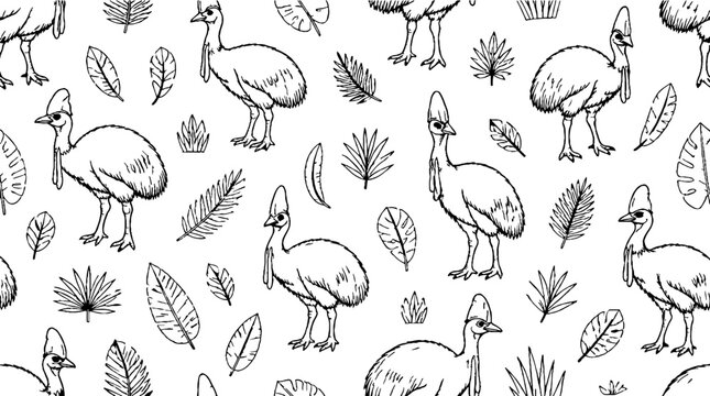 Detailed illustration of emus and tropical foliage pattern.