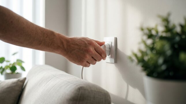 Hand of a person plugging a white electrical cord into a wall socket in a modern living room with a couch and indoor plants visible in the background