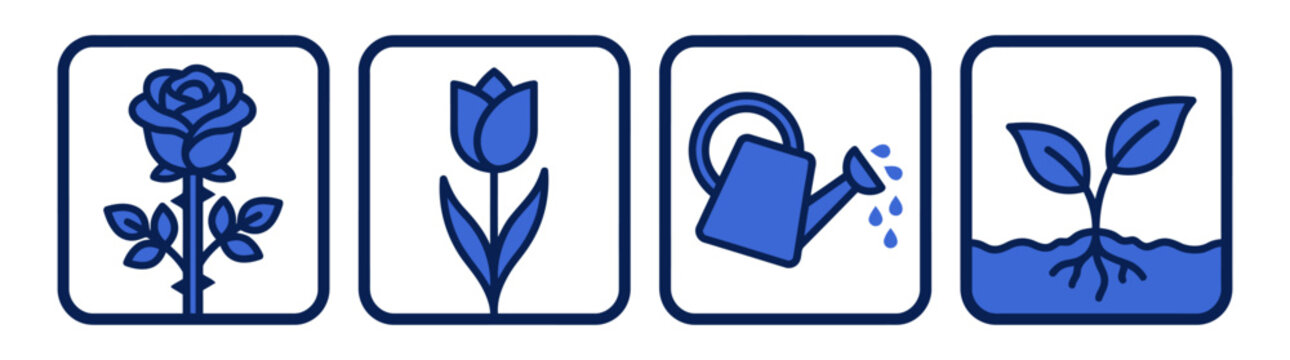 Gardening and Botany Line Icon Set, Vector Filled Outline Icons for Planting, Flowers, Rose, Tulip, Watering Can, and Agriculture