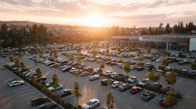 Aerial view of a shopping center parking lot during the golden hour. Cars enter and leave parking spaces as people go about their daily activities in the urban setting