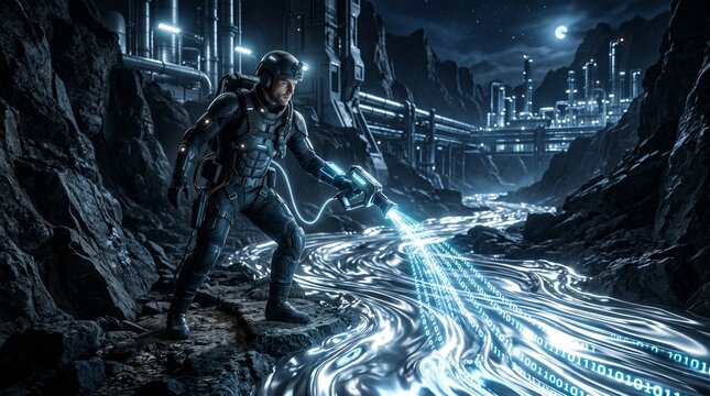 man in futuristic suit projecting data stream onto liquid surface, sci-fi futuristic cityscape at night.