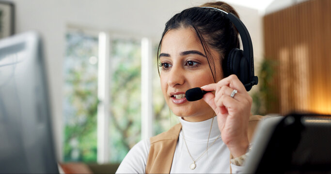 Mic, laptop and woman in home for call center, crm or online consultation with contact us. Headset, remote work and female virtual assistant with query for customer service, help desk or support.