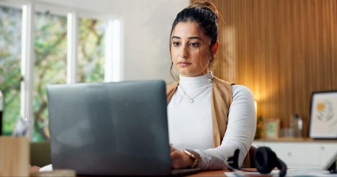 Typing, laptop and woman in home for remote work, copywriting and seo review for website content. Business, freelancer and person on computer for research, internet and planning for online report