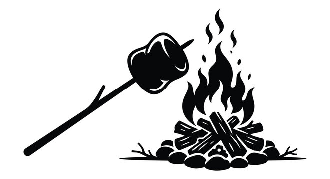 Marshmallow Roasting Over Campfire Black Silhouette campfire fire flames wood