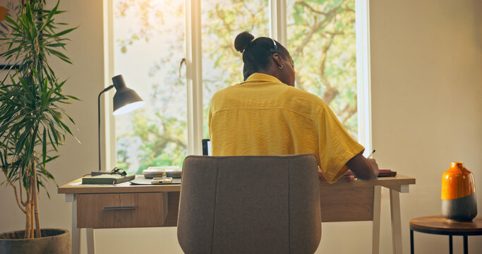 Woman, helpline and agent writing in home office for query details, customer info and remote work. Tech, WFH and back of consultant with headset for CRM service, callback reminder or escalation notes