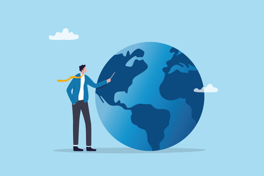 World economics worldwide international business, oversea trade network industry, global diplomacy, commerce or distribution, businessman pointing presentation on global world opportunity supply.