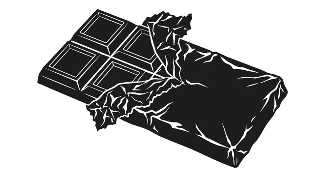 Opened chocolate bar with crumpled wrapper black and white silhouette