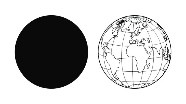 Minimalist world globe vector icons, black circle and earth outline with meridians, global geography map symbols for logistics and travel isolated PNG with Transparent Background