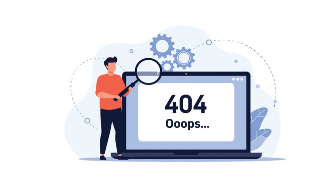 Web developer inspecting a laptop screen displaying a 404 page error using a giant magnifying glass to debug.