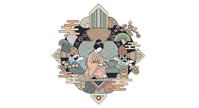 Woman in pink kimono sitting serene.